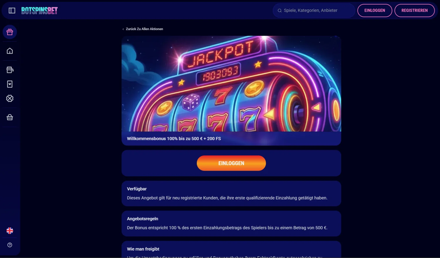 BotSpinsBet Casino Willkommensbonus