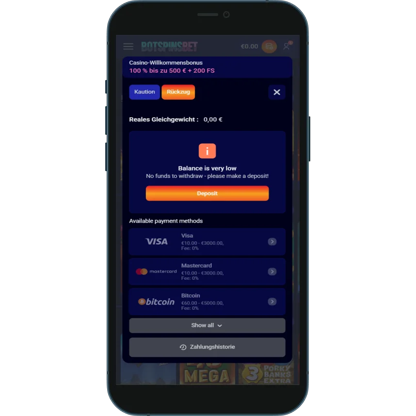 BotSpinsBet Casino Auszahlungsoptionen